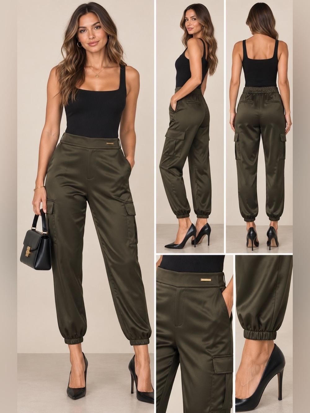 Nine West Olive Green Satin Cargo Joggers | Size S | EUC!!